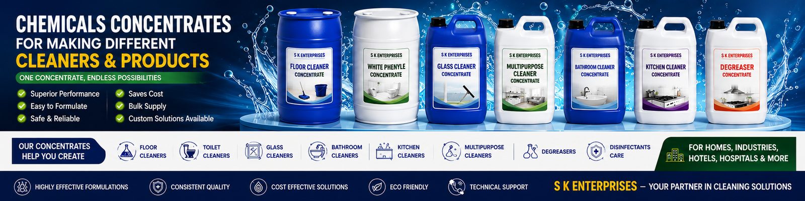 S K Enterprises Chemical Concentrates for making Floor Cleaner, White Phenyle, Glass Cleaner, Multipurpose Cleaner, Bathroom Cleaner, Kitchen Cleaner and Degreaser